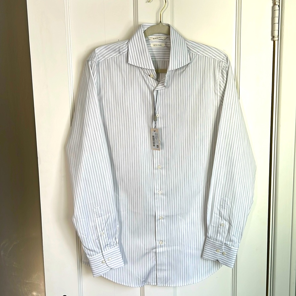 Suitsupply men’s collared shirt light grey stripe twill 41/16 extra slim fit NWT
